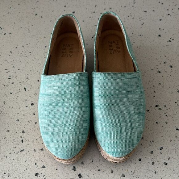 Naturalizer Thea 3 Turquoise Linen Espadrille Platform Slip On Loafers Size 8.5M - Picture 2 of 12
